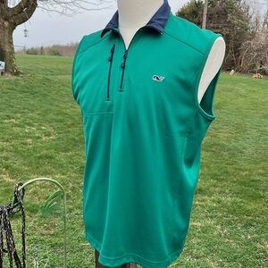 -Vineyard Vines Vest 1/4 Zip w/ Zip Pocket Hunter Green w/Navy Collar Size Small